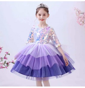 Children Toddler purple sequins tutu skirts singer host choir piano performance princess dress little girl birthday flower girl wedding party modern dance skirts